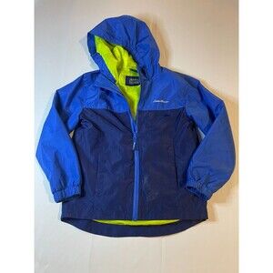 Eddie Bauer Children Kid Rain Coat Size S 7-8 Blue Green Lining Hood Zip Front
